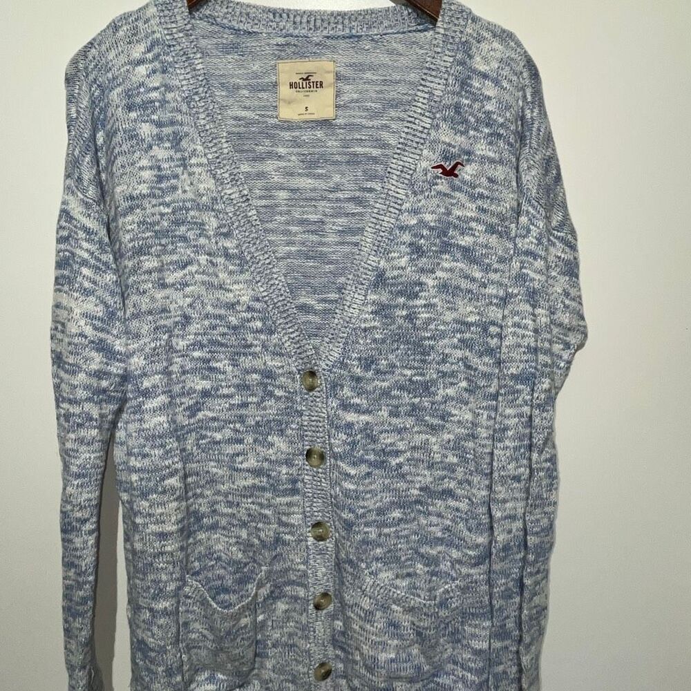 Hollister Womens Blue White Heathered V-Neck Button Front Cardigan Sweater Small